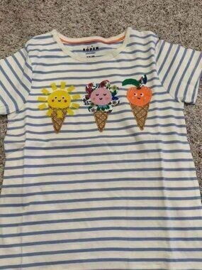 Mini Boden Blue Stripe Tee Ice Cream Appliques 9-10Y